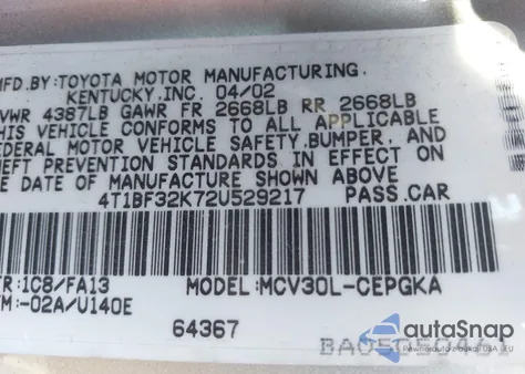 2002 Toyota Camry Xle V6 from USA, damaged, VIN 4T1BF32K72U529217